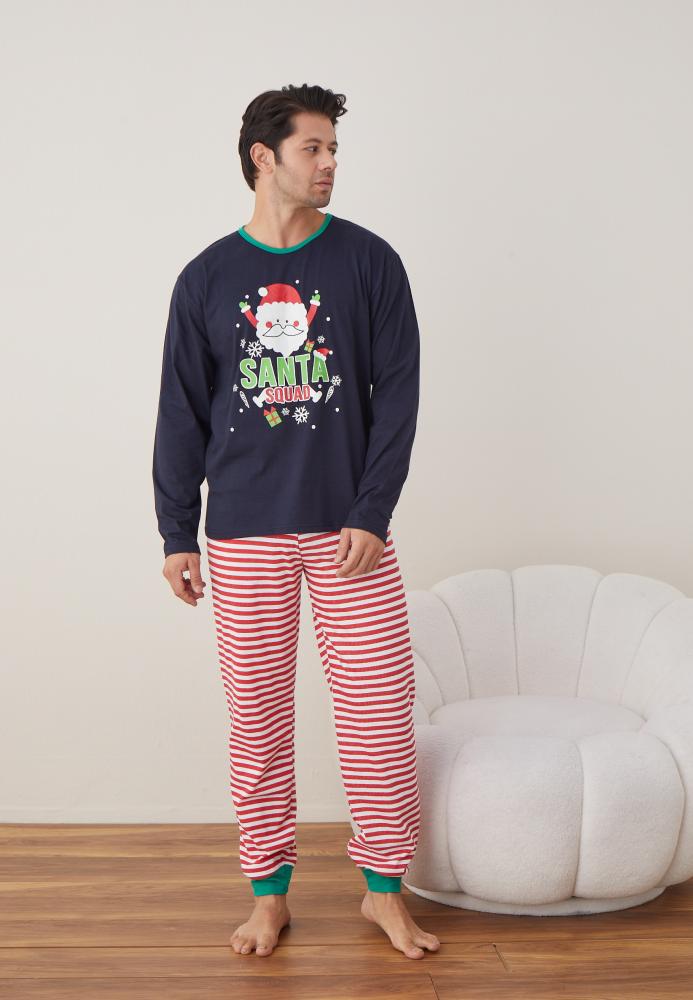 Pijama barbati Craciun "SANTA" , maneca lunga ,pantaloni lungi,Culoare Bleumarin ,Engros